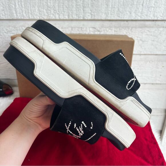 CHRISTIAN LOUBOUTIN SUEDE black Diamanté Crystal Slides Sandals Sz. 37 - Picture 4 of 9